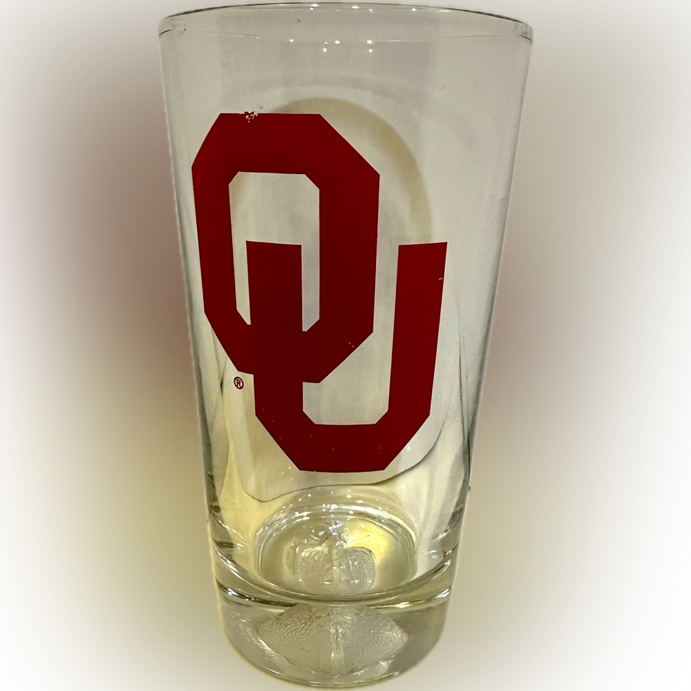 OU OKLAHOMA UNIVERSITY FOOTBALL IMPRINT HEAVY GLASS TUMBLER CLEAR RED 16oz BEER - Picture 2 of 10